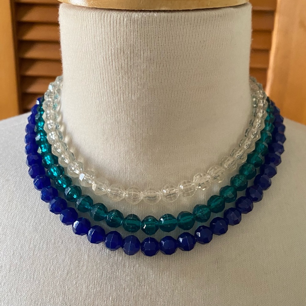 Vintage Choker 3 Strand Faux Crystal Bead Necklace Lightweight Blue Teal